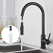 abordables Mitigeurs avec spray-Robinet mitigeur d&#039;évier de cuisine avec pulvérisateur extractible, robinet de récipient rotatif en acier inoxydable, robinet de pulvérisation en mode pluie/cascade, robinet de robinet de cuisine noir et argent avec distributeur de savon