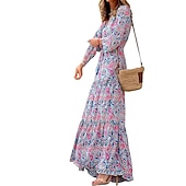 billige Boho-kjoler-Dame Maxikjole Uformell kjole Boho elegante kjoler Langermet Boho-kjole Boho-kjole Elegant Bohem Stilfull Vinter kjole Feriereise Daglig Normal Blomstret Langermet V-hals Rosa Grønn Høst Vinter