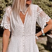 ieftine Rochii Albe din Dantela-Pentru femei Rochii Midi Rochie de petrecere Rochie leagăn Elegant Matur În aer liber Concediu Ieșire Fit regulat Culoare pură Manșon scurt În V Alb Vară Primăvară