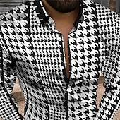 billiga Geometriska mönster-Herr Geometriska mönster Årgång Skjorta Knapp upp skjorta Långärmad Mode Designer Ledigt Dagligen Helgdag Helgen Vår &amp; sommar Nedvikt 3D Button-Down Svartvit Gul Svart / Purpur Rubinrött Marinblå