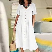 preiswerte Kleider-Damen Schwarz Weiß Armeegrün Sommer Frühling Herbst Maxikleid Leinen-inspirierte Kleider Freizeitkleid Baumwoll-Leinenkleid Elegant Basic Klassisch Outdoor Urlaub Täglich Normale Passform Einfarbig V