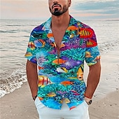 billiga Ocean Print-Herr Tropisk Fisk Undervattens värld Skjorta Hawaii skjorta Lägerskjorta Kortärmad Skjorta Nedvikt Mode Designer Ledigt Utomhus Gata Ledigt Havsblått Marinblå Marinblå 3D-tryck S M L