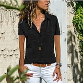 ieftine Topuri simple pentru femei-bluză de damă buzunar uni guler cămașă zilnică mânecă de tricou albastru deschis de vară negru violet roșu închis roz