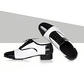 cheap Men&#039;s Dance Shoes-Men&#039;s Black and White Ballroom Dance Shoes – Patent Leather Lace-Up Latin &amp; Jazz Performance Oxfords