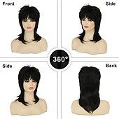 economico Parrucche storiche-Parrucca Nera Corto Parrucca Sgarrupata a Strati Parrucca Mullet Anni &#039;80 per Donne Parrucca Riccia Nera Resistente al Calore Parrucca per Cosplay Parrucche di Halloween