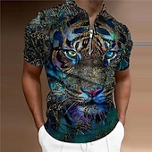 baratos Polo Masculino Estampa Animal-Homens Tigre Camisas Polo com zíper Camisa de golfe Manga Curta Camisas polo Camisas de colarinho Casual Engraçado Streetwear Roupas de férias Trajes de festa Impressão 3D Polo com fecho de correr de