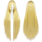 economico Parrucche Anime-Parrucca Lunga Verde Scuro di 100 cm con Frangia Parrucca Liscia Cosplay per Donne Ragazze Uomini Ragazzi Parrucca di Capelli Sintetici Costume per Anime Parrucche di Halloween Parrucche per il