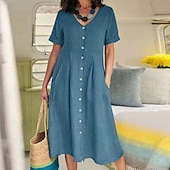 preiswerte Kleider-Damen Schwarz Weiß Armeegrün Sommer Frühling Herbst Maxikleid Leinen-inspirierte Kleider Freizeitkleid Baumwoll-Leinenkleid Elegant Basic Klassisch Outdoor Urlaub Täglich Normale Passform Einfarbig V
