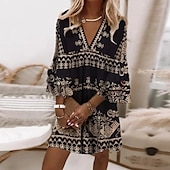 olcso Boho ruhák-Női Mini Ruha Kényelmes Ruha Félformális Ruha Kicsi Ruha Napernyő Divat Klasszikus Ráncolt Ujjú Nyaralás Napi Ünnep Normál Fit Állatos Mintás 3/4 Hosszú Ujj V Nyak Fekete Nyár