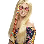 economico Parrucche di Carnevale-Parrucca da festa hippy da donna, parrucche sintetiche bionde lunghe e liscie