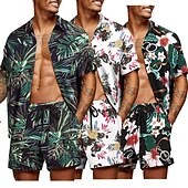 お買い得  メンズプリントシャツセット-男性用 グラフィック シュロの葉 熱帯植物 2個 シャツセット アロハシャツ 半袖 ショートパンツ 折襟 デザイナー ビーチスタイル バケーション カジュアル 日常 3D 夏 シルバー レッド-ホワイト グリーン-ブラック