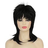 economico Parrucche storiche-Parrucca Nera Corto Parrucca Sgarrupata a Strati Parrucca Mullet Anni &#039;80 per Donne Parrucca Riccia Nera Resistente al Calore Parrucca per Cosplay Parrucche di Halloween