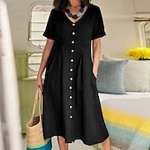 preiswerte Kleider-Damen Schwarz Weiß Armeegrün Sommer Frühling Herbst Maxikleid Leinen-inspirierte Kleider Freizeitkleid Baumwoll-Leinenkleid Elegant Basic Klassisch Outdoor Urlaub Täglich Normale Passform Einfarbig V