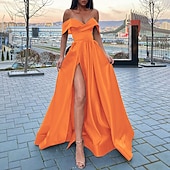 abordables VERT-Mariage Plage Robe de Soirée A-Line Style Célébrité Robe Prom Longueur de Sol Manches Courtes Col V Automne Invité de Mariage Satin avec Fente