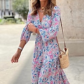 billige Boho-kjoler-Dame Maxikjole Uformell kjole Boho elegante kjoler Langermet Boho-kjole Boho-kjole Elegant Bohem Stilfull Vinter kjole Feriereise Daglig Normal Blomstret Langermet V-hals Rosa Grønn Høst Vinter