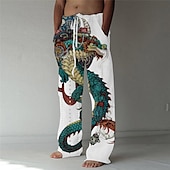 cheap Men&#039;s Printed Casual Pants-Men&#039;s Trousers Summer Pants Beach Pants Drawstring Elastic Waist Front Pocket Dragon Graphic Prints Comfort Soft Casual Daily Fashion Designer White Green