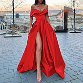 abordables VERT-Mariage Plage Robe de Soirée A-Line Style Célébrité Robe Prom Longueur de Sol Manches Courtes Col V Automne Invité de Mariage Satin avec Fente