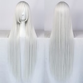 economico Parrucche Anime-Parrucca Lunga Verde Scuro di 100 cm con Frangia Parrucca Liscia Cosplay per Donne Ragazze Uomini Ragazzi Parrucca di Capelli Sintetici Costume per Anime Parrucche di Halloween Parrucche per il