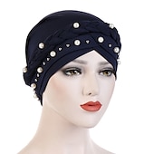 abordables Chapeaux-femmes de mode perles musulman écharpe hijabs chapeau femmes inde chapeau solide turban chapeau wrap cap tête écharpe foulard chapeau femelle cheveux accessoires