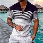 cheap Men&#039;s Hawaiian Polo-Men&#039;s Striped Hawaiian Polo Shirts Golf Shirt Short Sleeve Polo Shirts Collared Shirts Casual Beach Wear Vacation Wear Party Outfits 3D Print Quarter Zip Polo Black-White Black Army Green