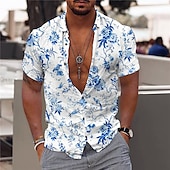 voordelige Bloemenprint-Voor heren Bloemig Tropische bloemen Bladeren Overhemd Hawaiiaans overhemd Aloha-shirt Korte Mouw Overhemd Strijkijzer Modieus Ontwerper Casual Buiten Straat Casual Geel Lichtgroen blauw 3D-afdrukken