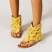 billiga Semester Sandaler-gladiatorsandaler i gul mocka med snörning för kvinnor med perforerad design, perfekt för sommarutflykter och strandsemester