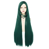 economico Parrucche Anime-Parrucca Lunga Verde Scuro di 100 cm con Frangia Parrucca Liscia Cosplay per Donne Ragazze Uomini Ragazzi Parrucca di Capelli Sintetici Costume per Anime Parrucche di Halloween Parrucche per il