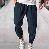 baratos Clássico-Homens Corredor Calças de linho Calças Calça verão Com Cordão Cintura elástica Tecido Conforto Respirável Diário Praia Moda Roupa de rua ダークカーキ Preto Micro-Elástica