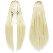 economico Parrucche Anime-Parrucca Lunga Verde Scuro di 100 cm con Frangia Parrucca Liscia Cosplay per Donne Ragazze Uomini Ragazzi Parrucca di Capelli Sintetici Costume per Anime Parrucche di Halloween Parrucche per il