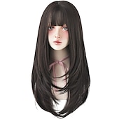 abordables Perruques Synthétiques Sans Bonnet-perruques rouges avec une frange rouge bordeaux synthétique longue perruque droite pour les femmes partie et cosplay perruque rouge vif