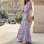 billige Boho-kjoler-Dame Maxikjole Uformell kjole Boho elegante kjoler Langermet Boho-kjole Boho-kjole Elegant Bohem Stilfull Vinter kjole Feriereise Daglig Normal Blomstret Langermet V-hals Rosa Grønn Høst Vinter