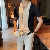 cheap Men&#039;s Classic Polo-Men&#039;s Knit Polo Sweater Polo Shirt Casual Daily Turndown Button Short Sleeve Fashion Chunky Color Block Button Front Summer Spring Fall Regular Fit Black / Gray Yellow Knit Polo Sweater