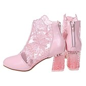 baratos Botas de tornozelo-botins femininos de renda branca com salto bloco transparente - perfeitos para casamentos e eventos especiais