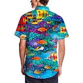 billiga Ocean Print-Herr Tropisk Fisk Undervattens värld Skjorta Hawaii skjorta Lägerskjorta Kortärmad Skjorta Nedvikt Mode Designer Ledigt Utomhus Gata Ledigt Havsblått Marinblå Marinblå 3D-tryck S M L