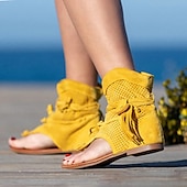 billiga Semester Sandaler-gladiatorsandaler i gul mocka med snörning för kvinnor med perforerad design, perfekt för sommarutflykter och strandsemester