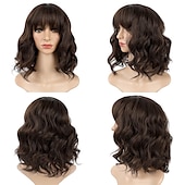 baratos Perucas de festa-Peruca Curta Estilo Bob Ondulada com Franja Peruca Ondulada Natural Resistentes ao Calor para Meninas Fantasia Peruca Extensões Perucas de Halloween