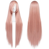 economico Parrucche Anime-Parrucca Lunga Verde Scuro di 100 cm con Frangia Parrucca Liscia Cosplay per Donne Ragazze Uomini Ragazzi Parrucca di Capelli Sintetici Costume per Anime Parrucche di Halloween Parrucche per il