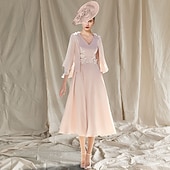 abordables Avec veste-Robe de mère de la mariée en A-line Deux pièces Invité de mariage Église Élégante Col V Longueur thé Chiffon Sans manches Veste incluse avec appliques 2025 taille sur mesure gratuite