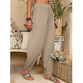 cheap Plain Cotton Linen Pant-Women&#039;s Cotton Linen Pants Baggy Pants Harem Pants Comfort Solid Color Pocket Elastic Waist Causal Black White Army Green Dark Navy Summer Spring Fall