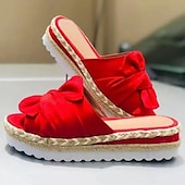baratos Sandálias de Férias-sandálias plataforma femininas alpargatas brancas com laço – sandálias casuais de verão com salto plataforma e sola de juta trançada