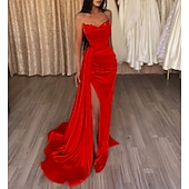 cheap ORANGE-Mermaid Sequin Evening Gown Sexy Dress Wedding Guest Cocktail Party Court Train Sleeveless Strapless Bridesmaid Dress Satin with Beading Pure Color Masquerade Dress