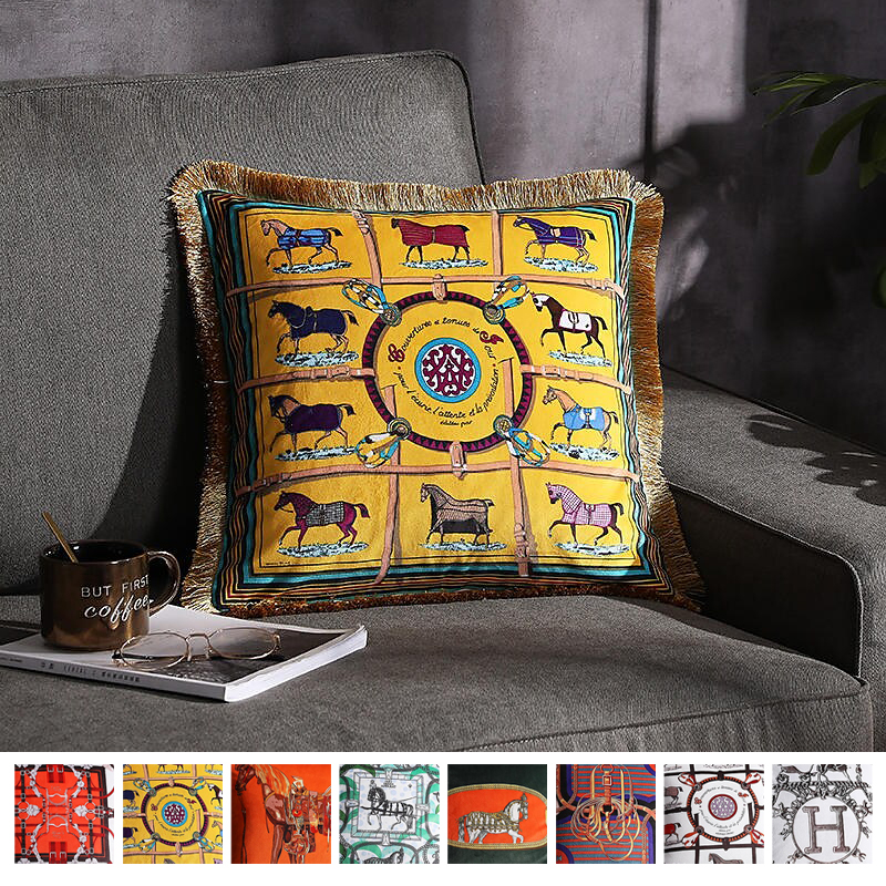 cheap Textured Throw Pillows-Decorative Toss Pillows Double Side Trend Brand Light luxury velvet tassel d Printing Pillow Case Cover Living room Bedroom Sofa Cushion cover