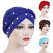 abordables Chapeaux-femmes de mode perles musulman écharpe hijabs chapeau femmes inde chapeau solide turban chapeau wrap cap tête écharpe foulard chapeau femelle cheveux accessoires