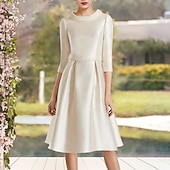 זול Comprimento do chá-A-Line Mother of the Bride Dress Wedding Guest Elegant Jewel Neck Knee Length Satin Half Sleeve with Beading Race Day Dress free custom size