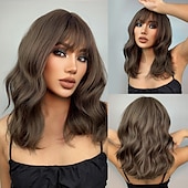 preiswerte Trendige synthetische Perücken-haircube perücken dunkelbraun kurze wasserwellenperücken mit pony pilzbraune haarfarbe für damen