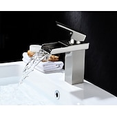 abordables Classiques-cascade de robinet mitigeur d&#039;évier de salle de bain, robinet de lavabo de salle de bain chromé à un trou de style moderne à poignée unique tuyau d&#039;eau chaude froide réglable en laiton