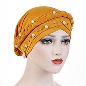 abordables Chapeaux-femmes de mode perles musulman écharpe hijabs chapeau femmes inde chapeau solide turban chapeau wrap cap tête écharpe foulard chapeau femelle cheveux accessoires