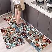 cheap Kitchen Rugs &amp; Mats-Boho Style Kitchen Mat Kitchen Rug Set of 2 Pcs,Perfect for Kitchen, Bathroom, Living Room, Soft, Absorbent Microfiber Material, Non-Slip, Easy Clean Machine Washable Floor Runner