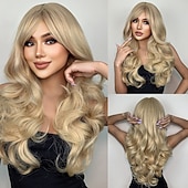tanie Peruki syntetyczne modne-haircube blond włosy ciało faliste syntetyczne peruki z grzywką kasztanowe różowe peruki cosplay dla białych kobiet