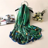 cheap Scarves-1pcs New Soft Peacock Feather Printed Silk Shawls Women Foulard Fashion Sunscreen Female Scarf Stoles Hijab Headscarf Bag Scarves
